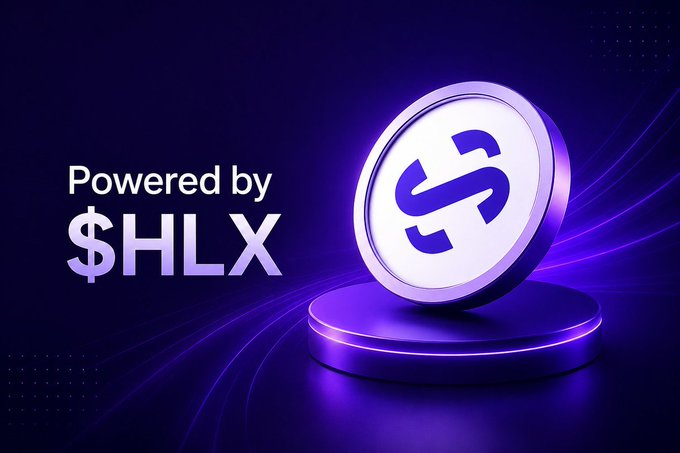 Promotional graphic reading 'Powered by $HLX' with a stylized purple and white 3D coin displaying the HLX logo on a pedestal.