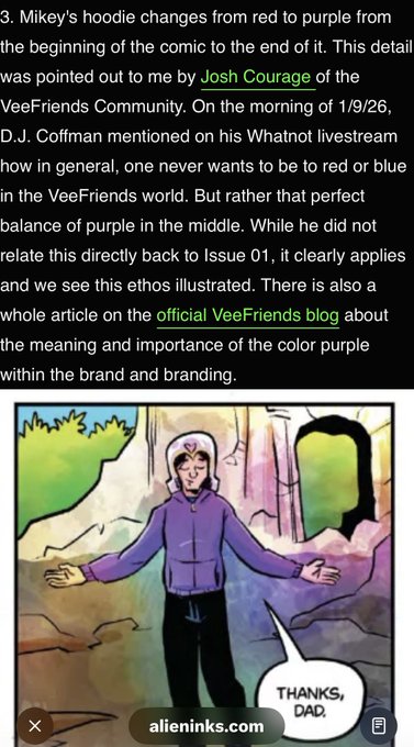 A text post discussing how Mikey's hoodie changes from red to purple in a comic, illustrated with a character in a purple hoodie with a speech bubble saying 'THANKS, DAD.'