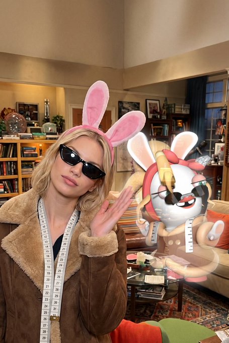 A blonde woman wearing pink bunny ears, dark sunglasses, and a shearling jacket with a measuring tape draped over it poses beside a cartoon rabbit character wearing sunglasses, in what appears to be a living room set.