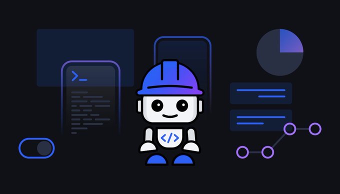 A cartoon mascot wearing a blue hard hat and a shirt featuring the "</>" code symbol stands in front of a dark interface showing code snippets, a pie chart, and data graphs, with "BOB" visible on the character's chest—visually referencing the IBM (International Business Machines) project mascot mentioned in the post.