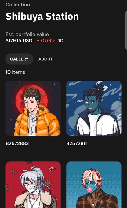A mobile app screen displays a 'Shibuya Station' NFT collection with an estimated portfolio value of $179.15 USD, showing various anime-style character portraits.