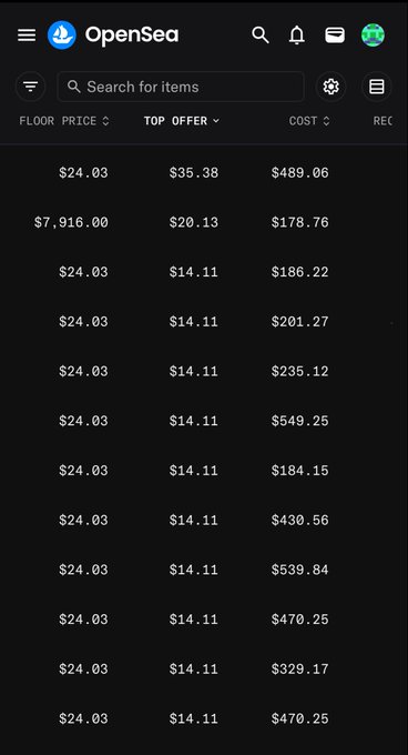 OpenSea mobile app showing a list of NFT listings with prices in USD, displaying floor prices, top offers, and costs.