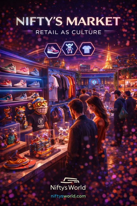 A vibrant promotional graphic titled 'NIFTY'S MARKET - RETAIL AS CULTURE' depicts people shopping in a colorful store filled with sneakers, designer toys, and streetwear, featuring a 'Nifty's World' logo and 'niftysworld.com' at the bottom.