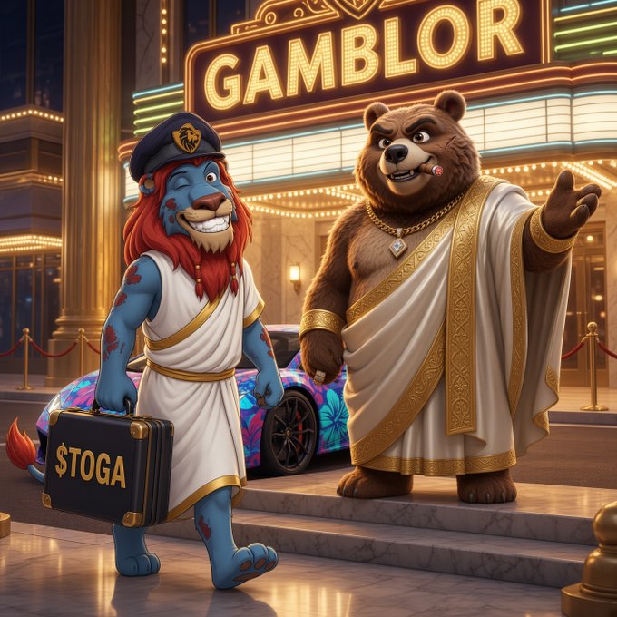 A 3D-rendered image of a lion-like character in a toga holding a suitcase labeled '$TOGA' standing next to a bear in a toga in front of a 'GAMBLOR' sign and a colorful sports car.