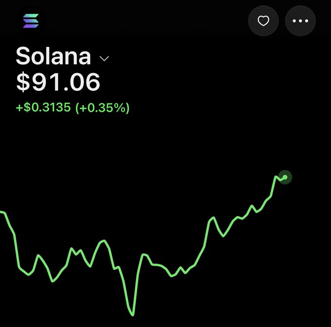 A cryptocurrency price chart showing Solana (SOL) at $91.06, up +$0.3135 (+0.35%), with a green upward-trending line graph.