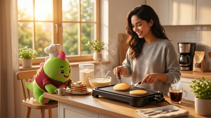 A warm, sunlit illustration of a smiling woman making pancakes on an electric griddle in a kitchen, accompanied by a small green dragon character wearing a chef's hat and red apron sitting on a chair.