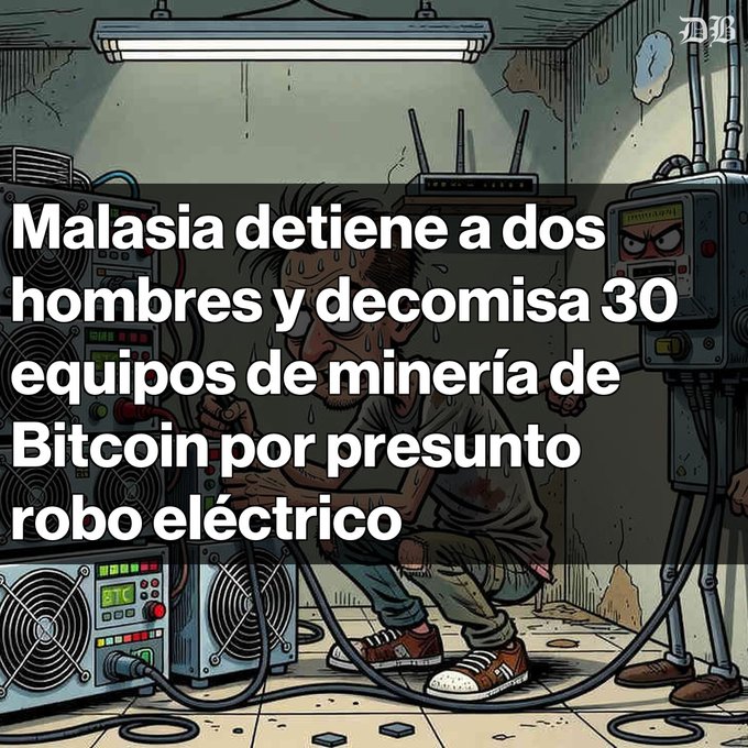 An illustration of a sweating man in a basement connected to Bitcoin mining equipment with Spanish text: 'Malasia detiene a dos hombres y decomisa 30 equipos de minería de Bitcoin por presunto robo eléctrico'.