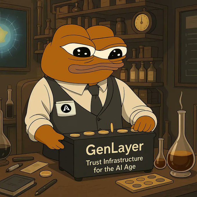 An anthropomorphic frog in a vest and tie stands behind a box labeled "GenLayer – Trust Infrastructure for the AI Age," surrounded by laboratory glassware and a glowing star chart, evoking the metaphor of building new trust systems much like an alchemist crafting something novel from scratch.

The image playfully visualizes the post's idea of constructing fresh "trust infrastructure" for AI from the ground up, paralleling how developers must painstakingly build new architectures rather than rely on legacy code.