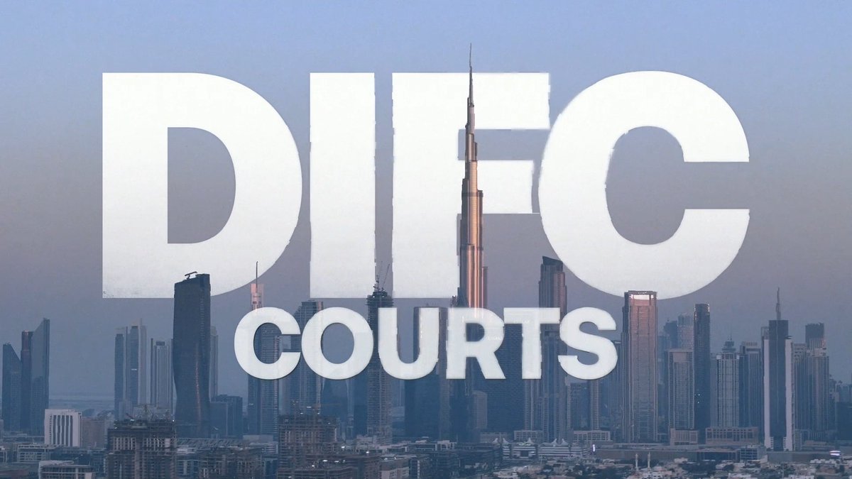 The text "DIFC COURTS" is prominently overlaid on a hazy skyline of Dubai, featuring the towering Burj Khalifa rising through the lettering.

The image serves as a visual title card for news that the Dubai International Financial Centre (DIFC) Courts is leveraging Avalanche blockchain technology to make court orders and hearing records instantly verifiable worldwide, having handled $5.1 billion across over 2,500 claims in 2025.
