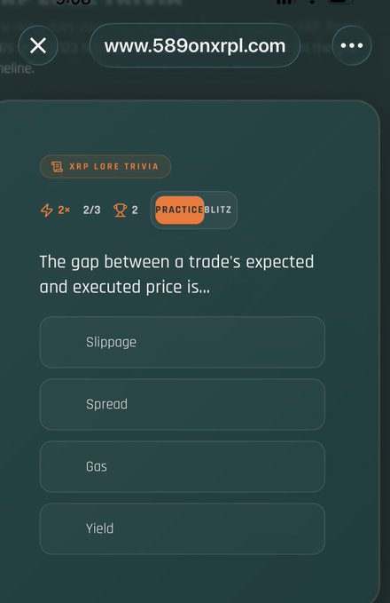 An XRP Lore Trivia quiz on www.589onxrp.com asking 'The gap between a trade's expected and executed price is...' with options Slippage, Spread, Gas, and Yield.