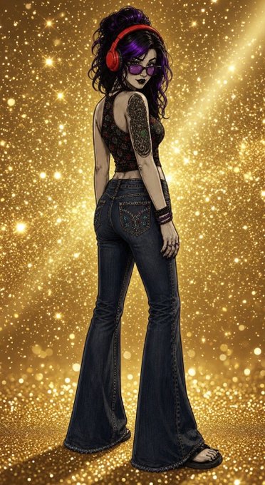 A stylized illustration of a woman with purple hair, red headphones, and sunglasses wears flared jeans against a sparkling gold background.