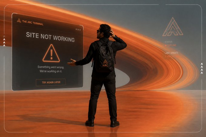 A person wearing a backpack with the 'ARC' logo stands before a digital display reading 'SITE NOT WORKING' and 'We're working on it,' with 'THE ARC TERMINAL' branding visible.