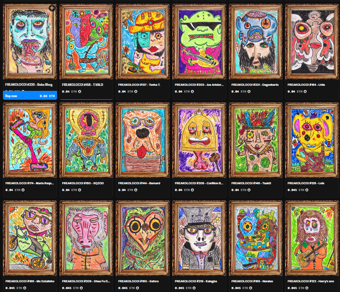 A grid of 18 colorful, child-like NFT artwork pieces titled 'FREAKOLOCO' by artist Baba Bing, displayed in ornate frames on a dark marketplace background, with prices listed in ETH (ranging from 0.045 to 0.048 ETH).