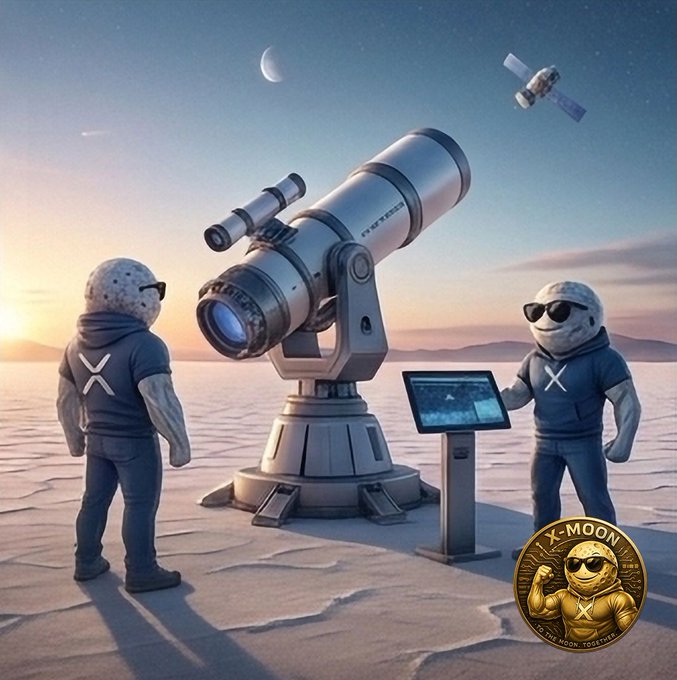 A digital illustration shows two figures in X-logo hoodies and X-branded shirts standing beside a large telescope on a lunar-like landscape, with an 'X-MOON TOGETHER' gold coin featuring a character in sunglasses in the bottom right corner.