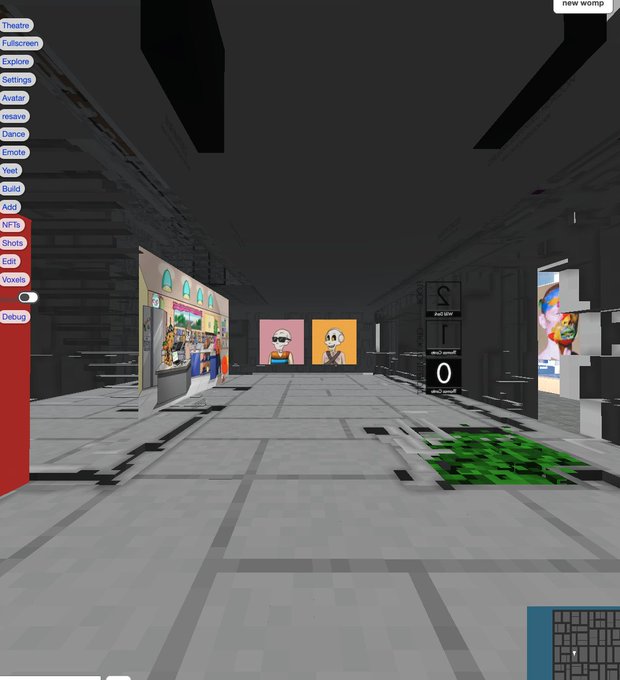 A screenshot of a 3D virtual world or game environment featuring a UI menu on the left with options like Theatre, Fullscreen, Explore, Settings, Avatar, resave, Dance, Emote, Yeet, Build, Add, NFTs, Shots, Edit, Voxels, Debug, and a 'new wornp' button on the top right.