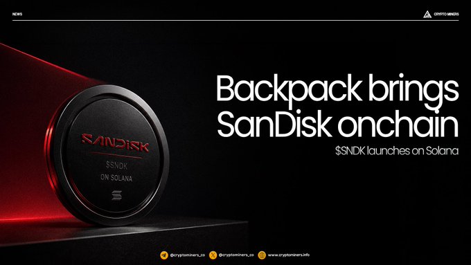 The image is a Crypto Times news graphic announcing "Backpack brings SanDisk onchain" with the subtitle "$SNDK launches on Solana," featuring a SanDisk-branded token labeled "$SNDK ON SOLANA" alongside the article's mention of Backpack Securities tokenizing SanDisk shares on the Solana blockchain.