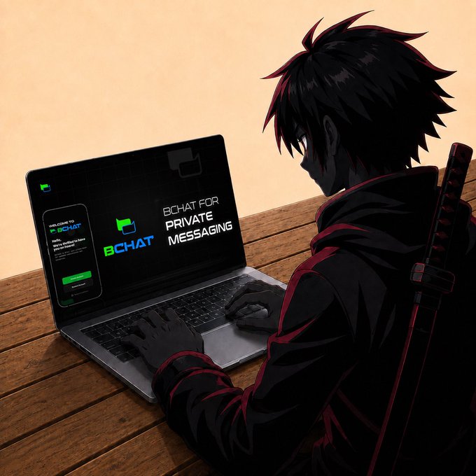 An anime-style character with a sword on their back types on a laptop displaying the BCHAT logo and the text 'BCHAT FOR PRIVATE MESSAGING'.