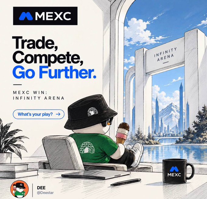 An advertisement for MEXC crypto exchange featuring the text 'Trade, Compete, Go Further. MEXC WIN: INFINITY ARENA' alongside an illustration of a character in a bucket hat relaxing with ice cream near a futuristic city labeled 'INFINITY ARENA'.