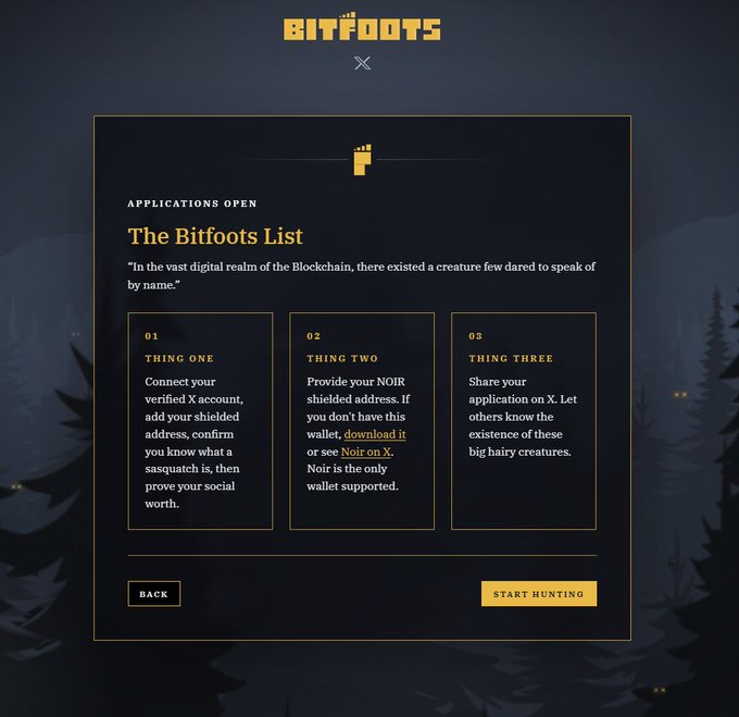Website screenshot for 'BITFOOTS' showing 'The Bitfoots List' with three application steps (Thing One, Two, Three) for connecting a verified X account and NOIR shielded address.