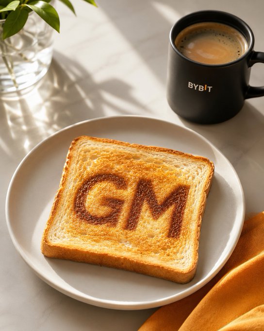 The image features a white plate with a piece of toast that has the letters "G" and "M" written on it, along with some coffee. The plate is placed next to an orange napkin, which adds a pop of color to the scene. In the background, there's a vase filled with flowers, adding a touch of nature to the setting. The image also includes text that reads "Bybit", possibly indicating the creator or inspiration behind this unique breakfast setup.