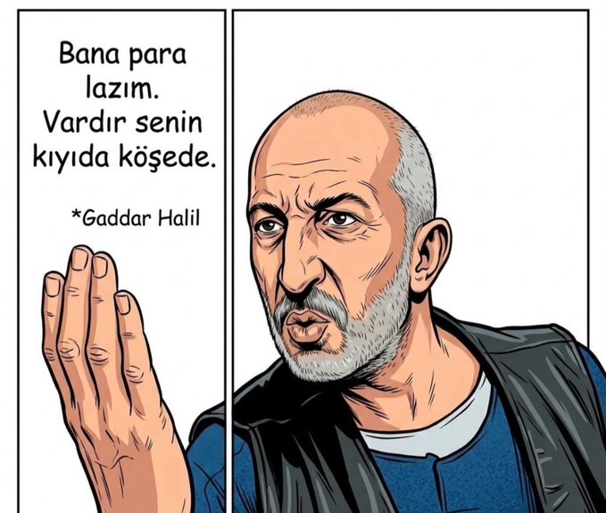 A comic panel shows an older bald man with a grey beard holding up his hand, with Turkish text reading "Bana para lazım. Vardır senin kıyıda köşede." attributed to *Gaddar Halil.
