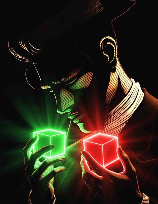 The image features an illustration of a man holding two cubes, each with a different color - green and red. The man appears to be wearing a hat and has his eyes closed as he looks at the cubes. The background of the image is dark, which contrasts with the colorful cubes in the foreground. The caption above the image reads "Good night Family The ones who stayed quiet are the ones who stayed rich." This phrase could be interpreted as a metaphor for the man holding the two cubes - that they represent different aspects of life or wealth, and by looking at them closely, one can gain insight into their true value or importance.