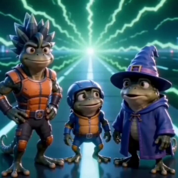 The image features three cartoon frog characters standing together with one of them wearing a wizard's hat. The background shows a green light, which could be interpreted as a lightning bolt or a neon sign. There are also some text elements present in the image that read "Episode 5 is live. The Signal Room was supposed to test the community. Instead, the recruit turned into a robot. GPT mode activated." and "@coinbase @brian_armstrong". These elements suggest that this scene might be related to an animated series or movie where the frog characters are part of a story involving a wizard who has been transformed into a robot.