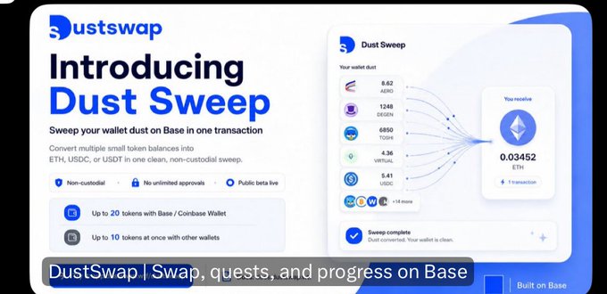 A promotional graphic for 'DustSwap' introducing a 'Dust Sweep' feature, allowing users to convert small token balances (AERO, TOSHI, VIRTUAL, USDC, etc.) into ETH in one transaction on the Base network.