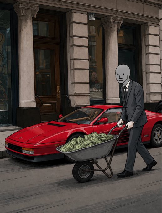 The image features a man dressed in a suit, pushing a wheelbarrow filled with money down a street. The scene takes place outside of a building, possibly an office or store. There are two cars parked nearby - one red sports car and another silver car. A handbag can also be seen on the ground near the man's feet.

The post that accompanies this image reads: "You wont know that I've been accumulating more $NPC but there will be signs". This message suggests that the man is accumulating wealth through various means, such as gambling or other illegal activities, and that his actions are becoming increasingly obvious to others who see him.

The combination of these elements creates a sense of mystery and intrigue around the image, with the man's actions and the presence of money in the scene suggesting an ongoing story of financial gain and potential consequences for those involved.