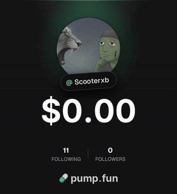 A Pump.fun profile for “@Scooterxb” shows a $0.00 balance, 11 following, and 0 followers, with a graphic of a man facing a roaring feline. The post promotes Scooterxb’s public on-chain trading wallet.