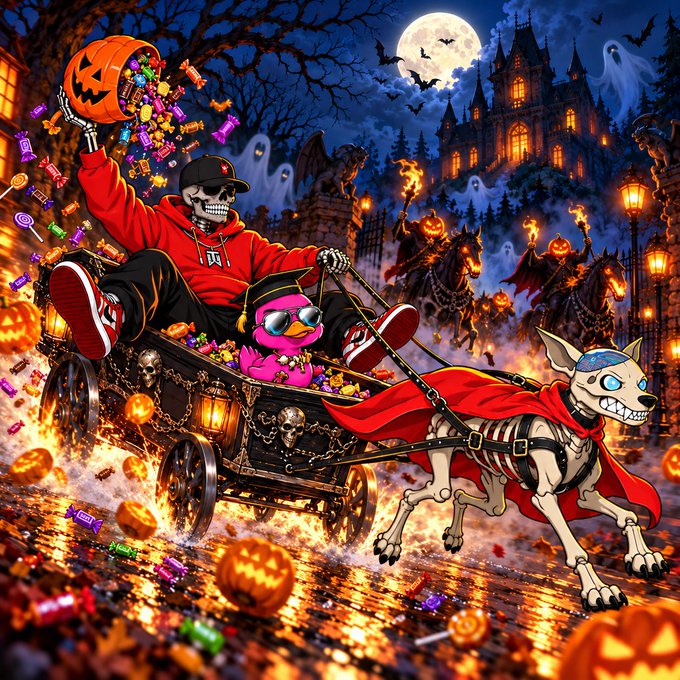 A vibrant Halloween illustration features a skeleton in a red hoodie riding a horse-drawn cart with a pink bird, while holding a jack-o'-lantern bucket spilling candy; a skeletal dog in a red cape pulls the cart past a haunted castle.