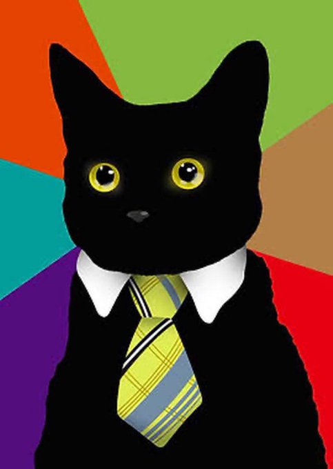An illustration of a black cat with bright yellow eyes wearing a white collared shirt and a yellow plaid necktie, set against a background of red, green, orange, teal, and purple color blocks.