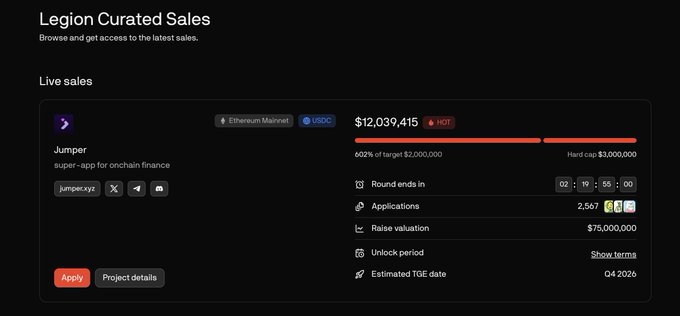 Screenshot of 'Legion Curated Sales' showing a live token sale for 'Jumper' on Ethereum Mainnet, with $12,039,415 raised (652% of target), 2,567 applications, and a $75M valuation.