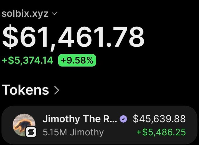 The image displays a cryptocurrency wallet showing solbix.xyz with a total balance of $61,461.78, highlighting a 9.58% gain (+$5,374.14), featuring the token "Jimothy The R..." at $45,639.88 with 5.15M Jimothy holdings. This corresponds to the post's claim of a massive profit from a small initial investment in $Jimothy.