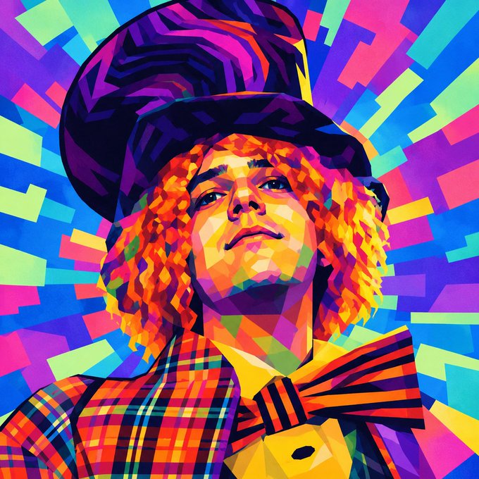 A vibrant, geometric pop-art style digital portrait of a person with curly blonde hair wearing a tall purple and blue top hat and a plaid outfit.