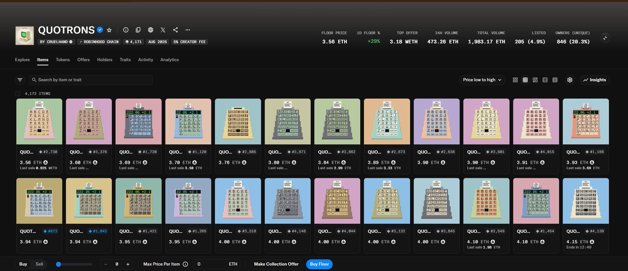 A screenshot of the OpenSea NFT marketplace displaying the 'QUOTRONS' collection by CRUELHAND on the Robinhood Chain, showing a floor price of 3.56 ETH, 24H volume of 473.26 ETH, and various pixel-art typewriter-themed items.