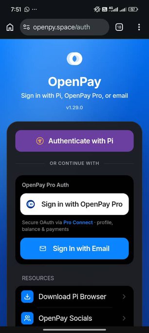 A mobile screenshot of the OpenPay authentication page (v1.29.0) with options to "Authenticate with Pi", "Sign in with OpenPay Pro", or "Sign In with Email".