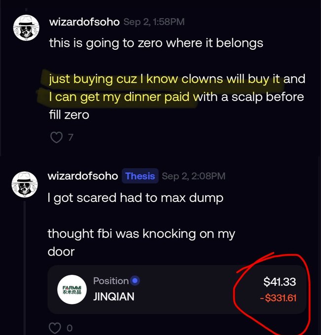 A Discord screenshot shows user "wizardofsoho" announcing they bought JINQIAN "to scalp clowns" before it goes to zero, then claiming fear of an FBI visit forced a max dump, resulting in a position showing -$331.61 loss on $41.33 remaining—an ironic example of a self-proclaimed pumper-dumper taking a massive loss.