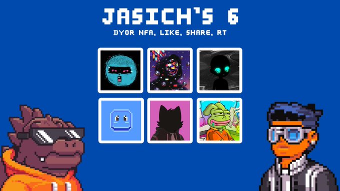 The image shows two characters, a man wearing an orange hoodie with sunglasses and a dragon-like creature or monster with wings, standing against a blue background. The text "Jasich's 6" is displayed above them, indicating that they are part of a game or event related to the character named Jasich. The post also mentions that there are six different characters in total, each with their own unique appearance and abilities.