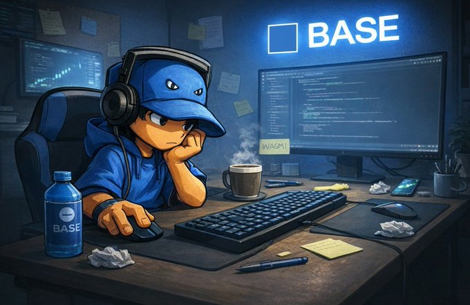 An anime-style illustration of a character in a blue cap and headphones sitting at a desk with code on monitor, coffee cup, and 'BASE' logo visible on both the wall and water bottle.