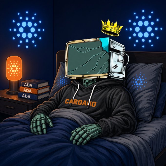 A digital illustration of a robot with a CRT monitor for a head, wearing a black "CARDANO" hoodie and a gold crown, sitting in bed with books labeled "ADA" on a nightstand beside a Cardano (ADA) logo lamp.