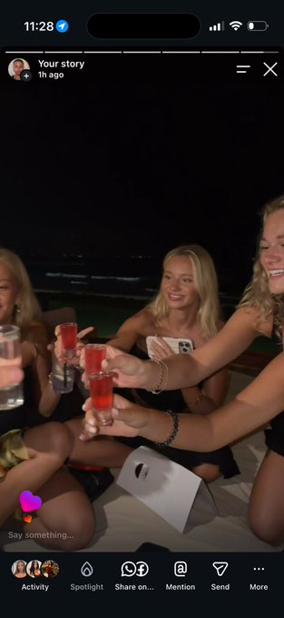 A group of friends cheers with red shot glasses at night, with "Your story, 1h ago" visible at the top. The caption humorously contrasts Bitcoin advice with a tongue-in-cheek observation about dating standards, while the image shows a social scene that loosely ties to the "8-9 and 4" reference.