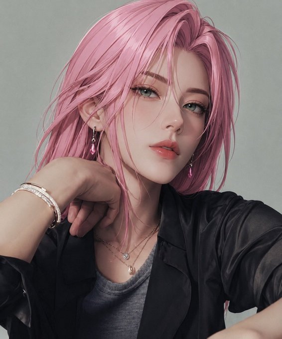 A digital portrait/avatar of a woman with pink hair, green eyes, wearing a black jacket and silver bracelets, with delicate jewelry including pink drop earrings.
