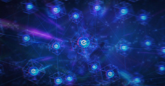 A digital network visualization showing interconnected nodes with blue glowing hexagonal symbols on a dark background with purple light streaks.