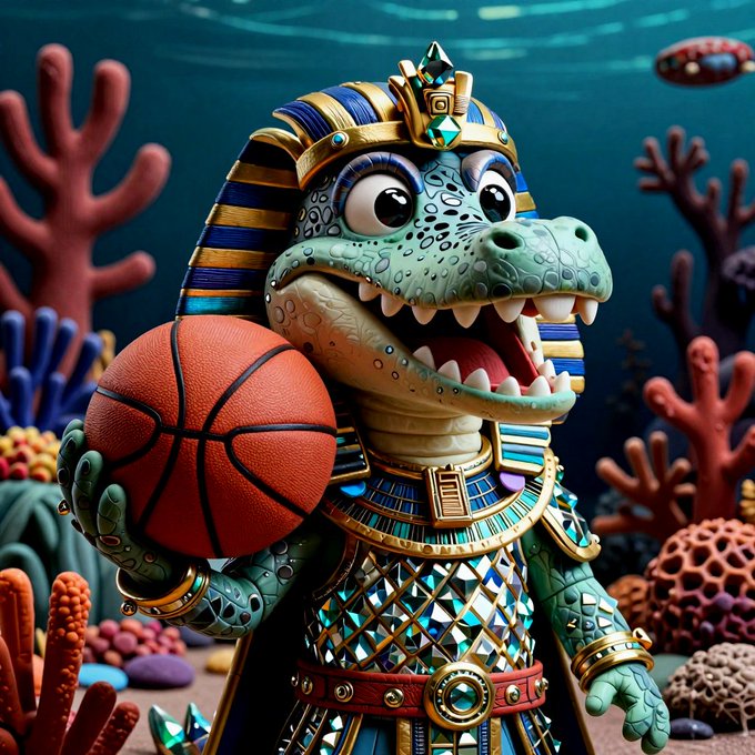 The image features a cartoon crocodile holding an orange basketball, surrounded by various objects such as fish, seaweed, and coral reefs. The caption of the image reads "New Auction Eternal on @drip_haus drip.haus/SaraNFT/auctio #NFTs #solana tokens #animalstory". This suggests that the image is related to a post about an auction or sale involving the crocodile and the basketball, possibly featuring a unique or rare item like the orange basketball in question.