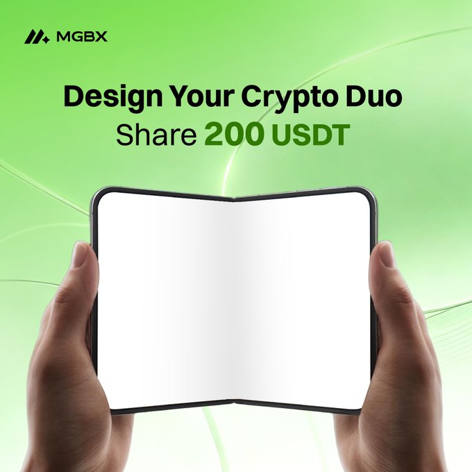 A promotional graphic from MGBX with a green background features two hands holding an open, foldable device with blank white screens, visually representing the "Crypto Duo" concept. The text reads "Design Your Crypto Duo" and "Share 200 USDT," highlighting a contest to win a share of the prize pool.
