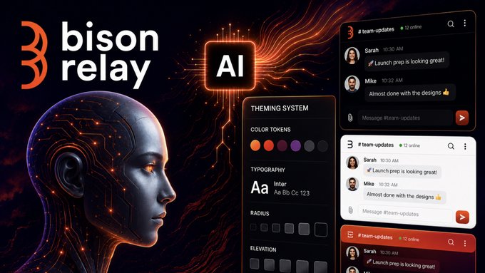 A promotional graphic for 'Bison Relay' featuring an AI humanoid head alongside a theming system panel showing color tokens, typography, radius, and elevation options, with chat interface previews.