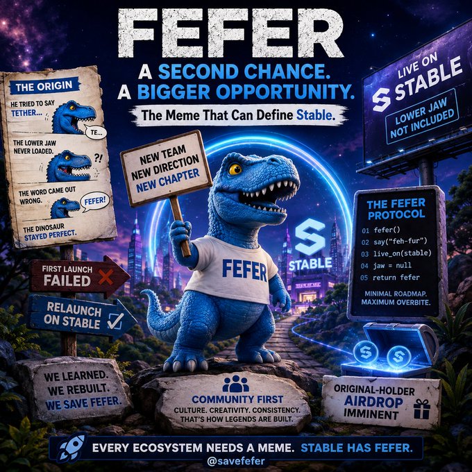 A promotional graphic announces 'FEFER - A SECOND CHANCE. A BIGGER OPPORTUNITY.' noting it is relaunching on Stable with the tagline 'EVERY ECOSYSTEM NEEDS A MEME. STABLE HAS FEFER.' and handle @savefefer.