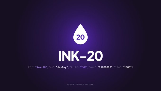 A purple gradient graphic displays the INK-20 logo—a white droplet icon with "20" inside—above the bold "INK-20" title, with code reading `{"p":"ink-20","op":"deploy","tick":"INK","max":"21000000","lim":"1000"}` and the tagline "INSCRIPTIONS ON INK" at the bottom. The image visually reinforces the post's announcement of INK-20 as a new open onchain token standard being inscribed on Ink (Ink on Chain), showcasing the deploy inscription format for the upcoming mint.
