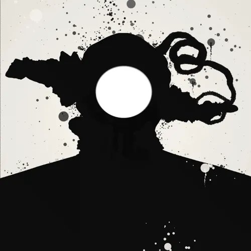 A stylized black and white stencil-style portrait of a person with glasses and a beard, with a blank white circle obscuring the face, surrounded by black and white paint splatters.